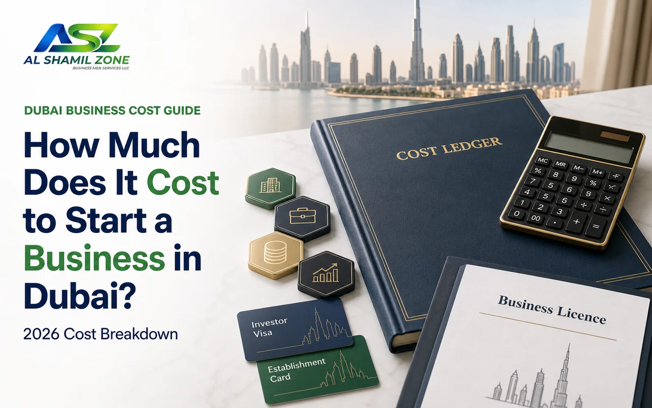 Dubai business setup cost guide with licence folder, calculator, visa and establishment-card planning