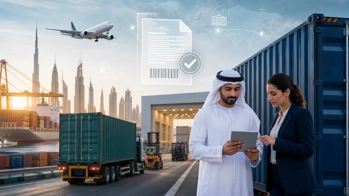 Dubai import-export business owners reviewing digital customs approval beside cargo and logistics infrastructure