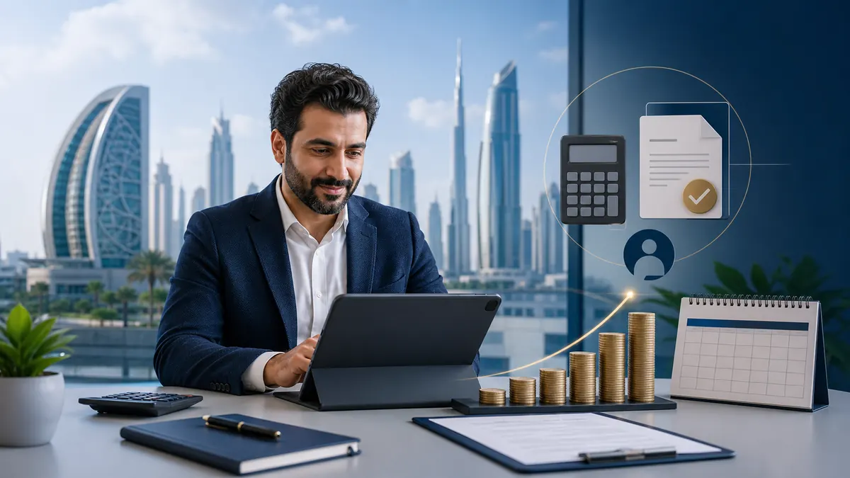 Independent UAE business owner reviewing revenue, calendar and Corporate Tax compliance information