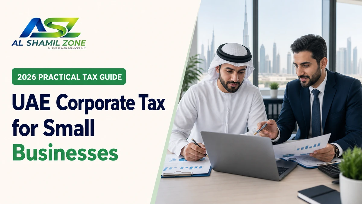 UAE small-business owner reviewing corporate tax records with an accountant