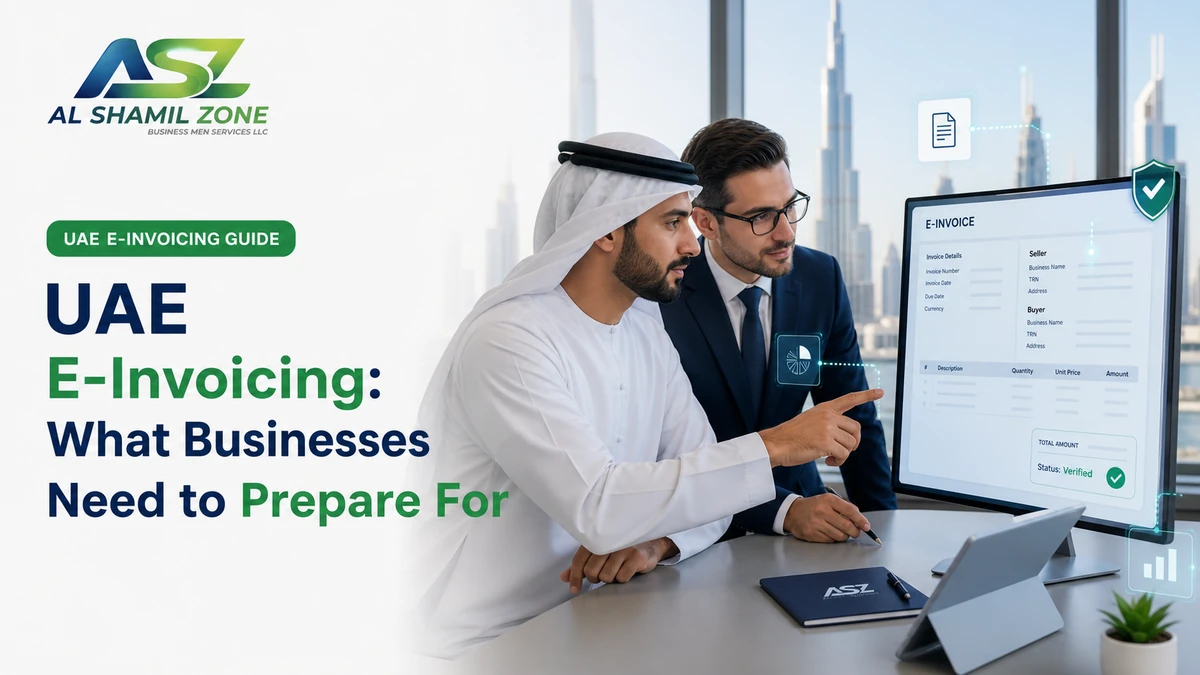 UAE business owner and accountant reviewing a structured electronic invoice