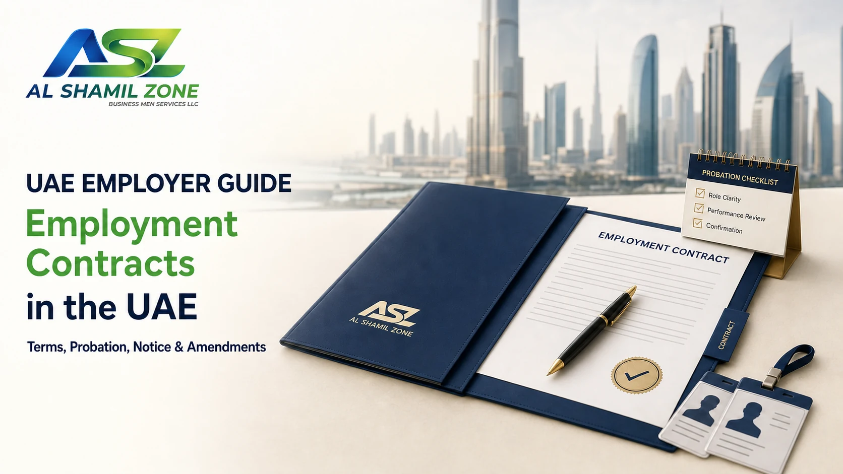 UAE employment contract employer guide with contract folder, probation checklist and staff identification cards
