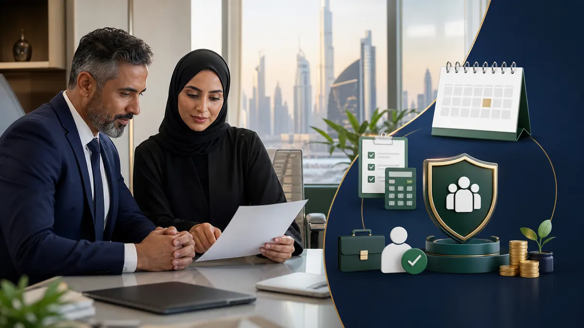 UAE HR professionals reviewing an employee end-of-service benefit calculation and protected savings