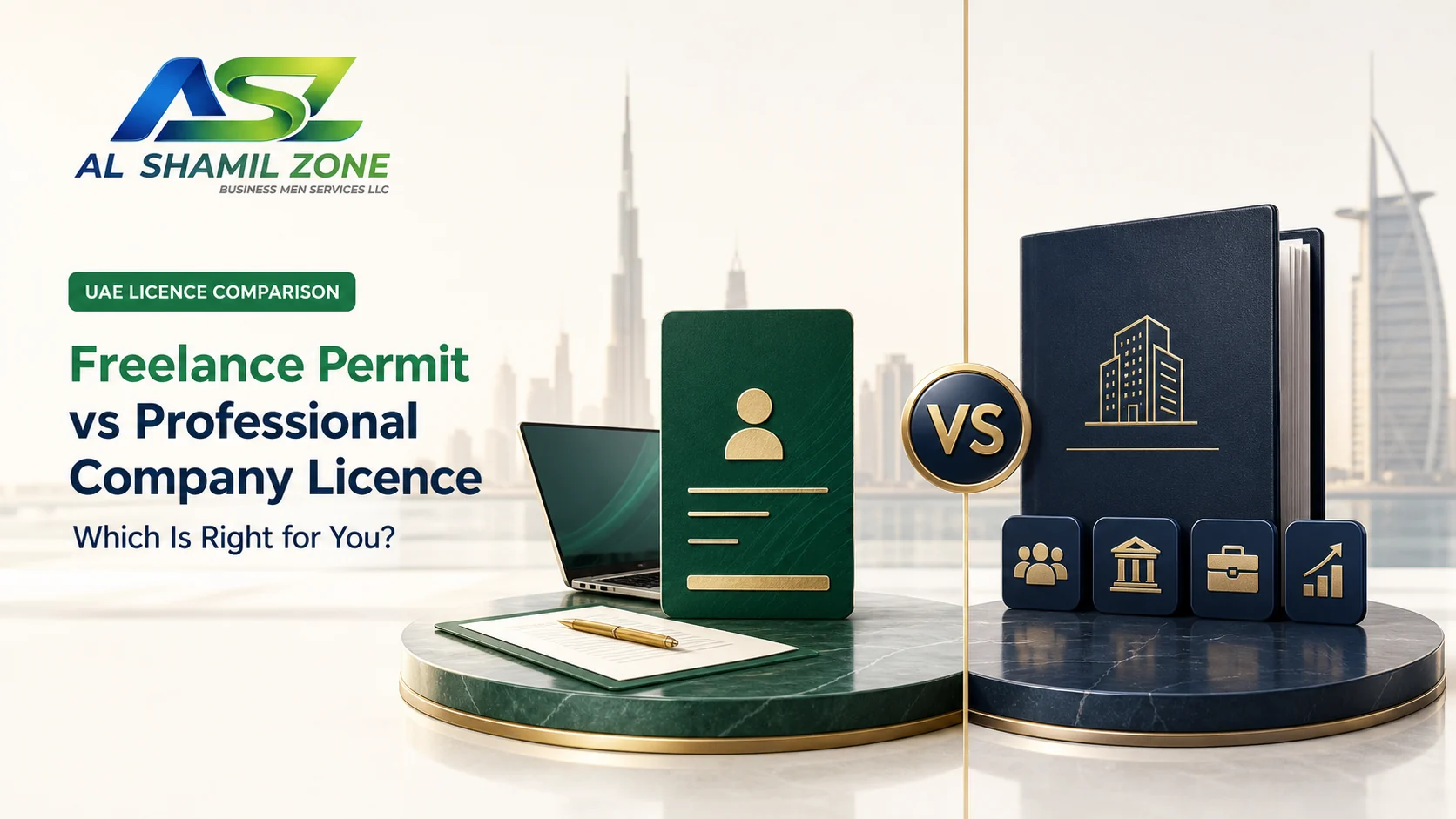 UAE freelance permit and professional company licence shown in a balanced side-by-side comparison