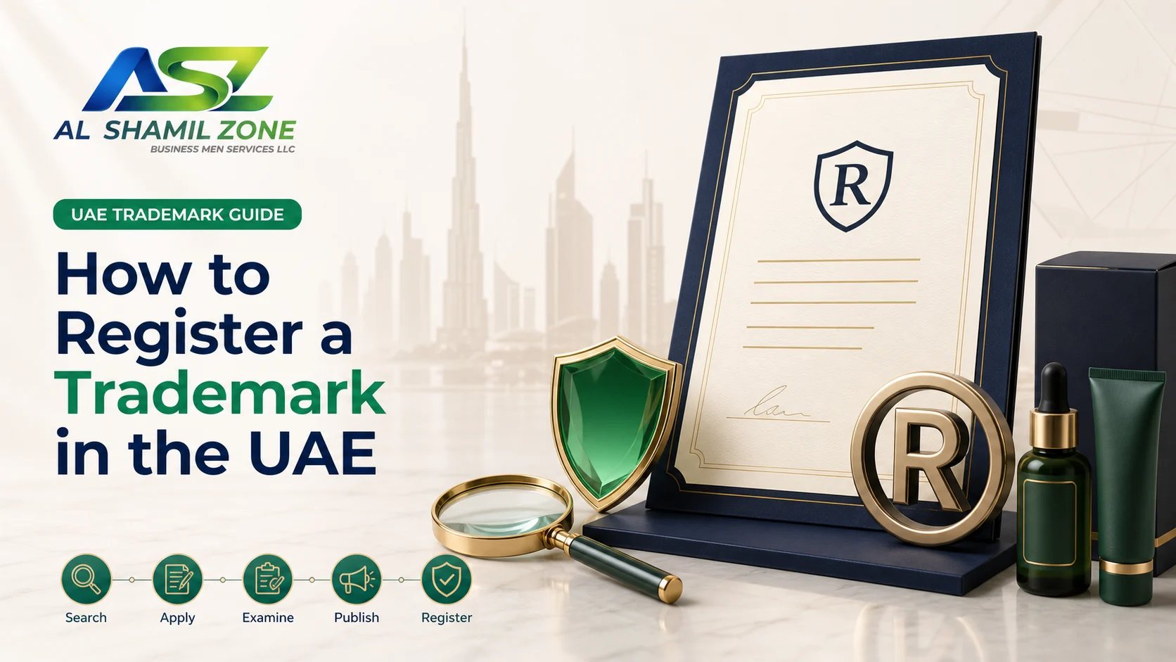 UAE trademark registration guide with search, application, examination, publication and registration stages