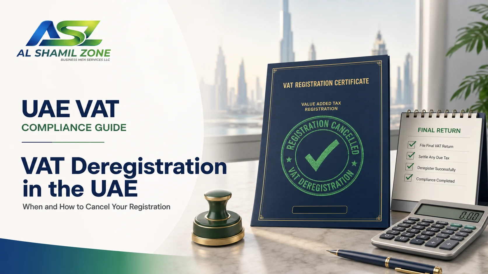 UAE VAT deregistration guide with registration certificate, cancellation seal, final return checklist and calculator