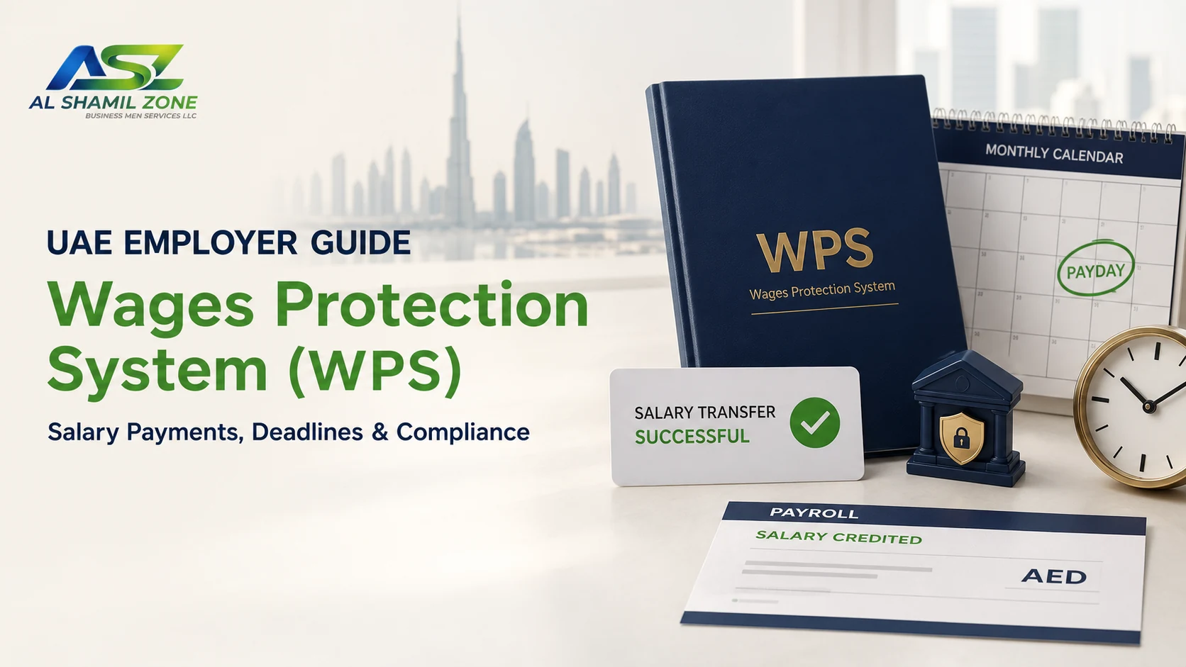 UAE Wages Protection System employer guide with payroll file, payday calendar and salary-transfer confirmation