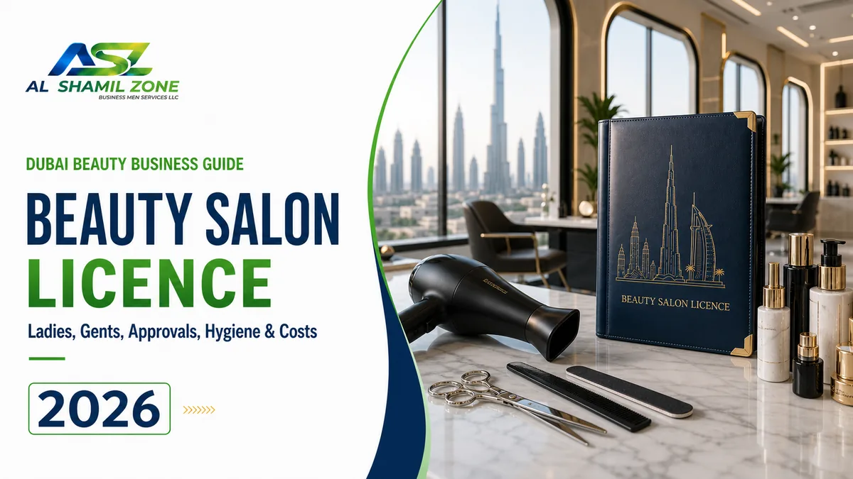 Dubai beauty salon licence guide with premium salon interior, hair tools, cosmetics and licence folder
