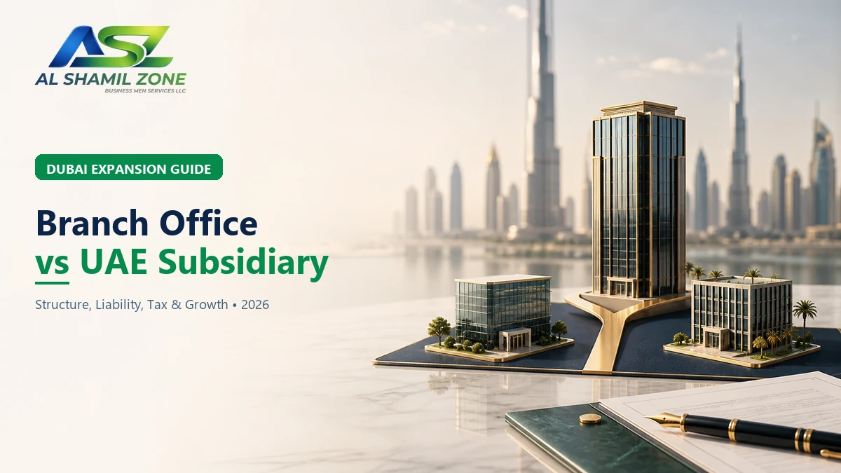 Dubai branch office versus UAE subsidiary comparison using connected corporate buildings