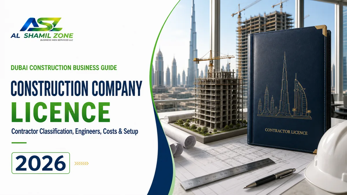 Dubai construction company licence guide with tower model, blueprints, hard hat and contractor licence folder