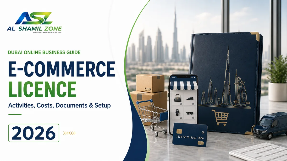 Dubai e-commerce licence guide with online store, parcels, payment card and delivery elements