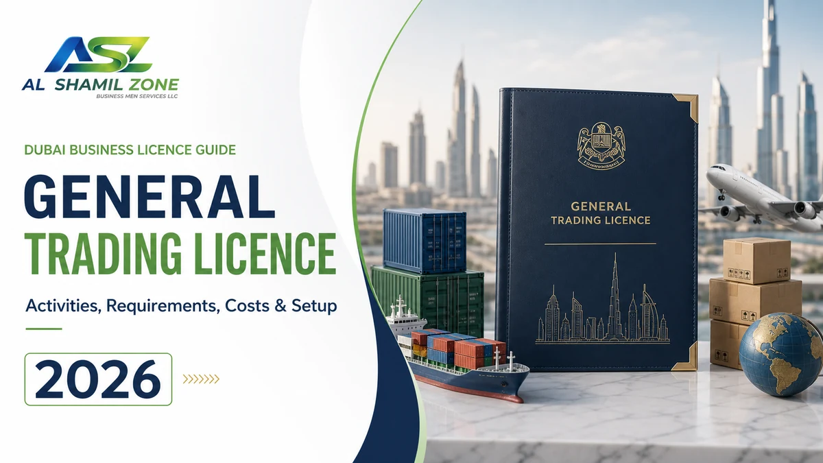 Dubai general trading licence guide with cargo ship, containers, air freight and Dubai skyline
