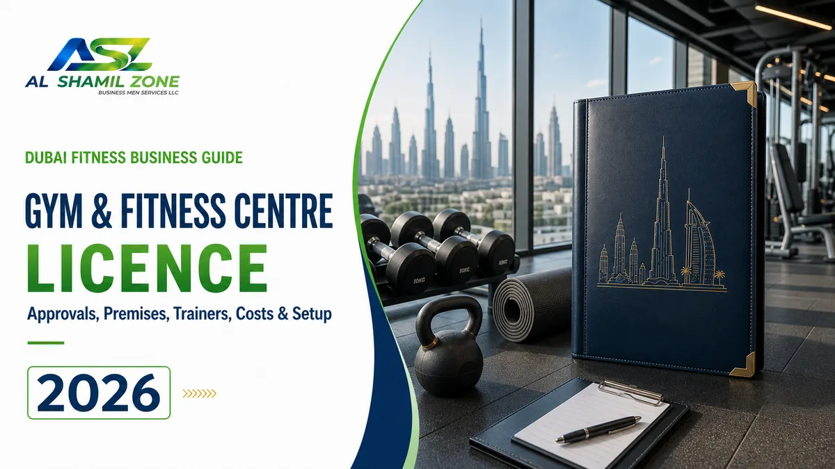 Dubai gym and fitness centre licence guide with dumbbells, exercise mat and licence folder
