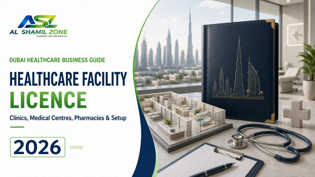 Dubai healthcare facility licence guide with clinic layout, stethoscope and medical licence folder