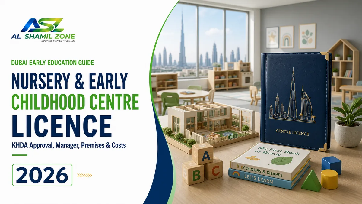 Dubai nursery licence guide with early childhood classroom, educational toys, nursery model and licence folder