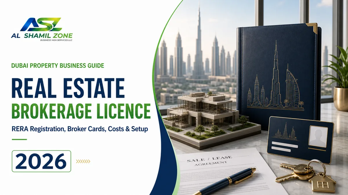 Dubai real estate brokerage licence guide with property model, broker card and keys