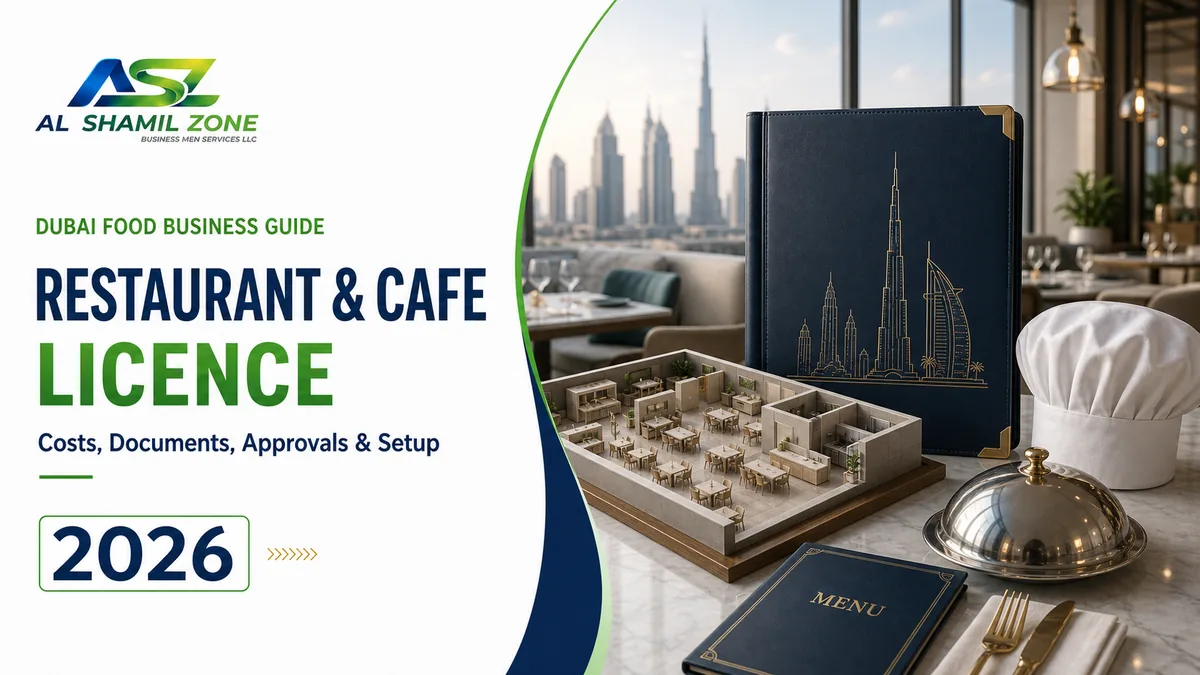 Dubai restaurant and cafe licence guide with approved layout model, chef hat and licence folder