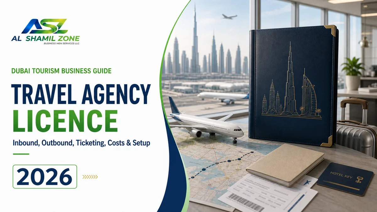 Dubai travel agency licence guide with aircraft, luggage, map and tourism licence folder