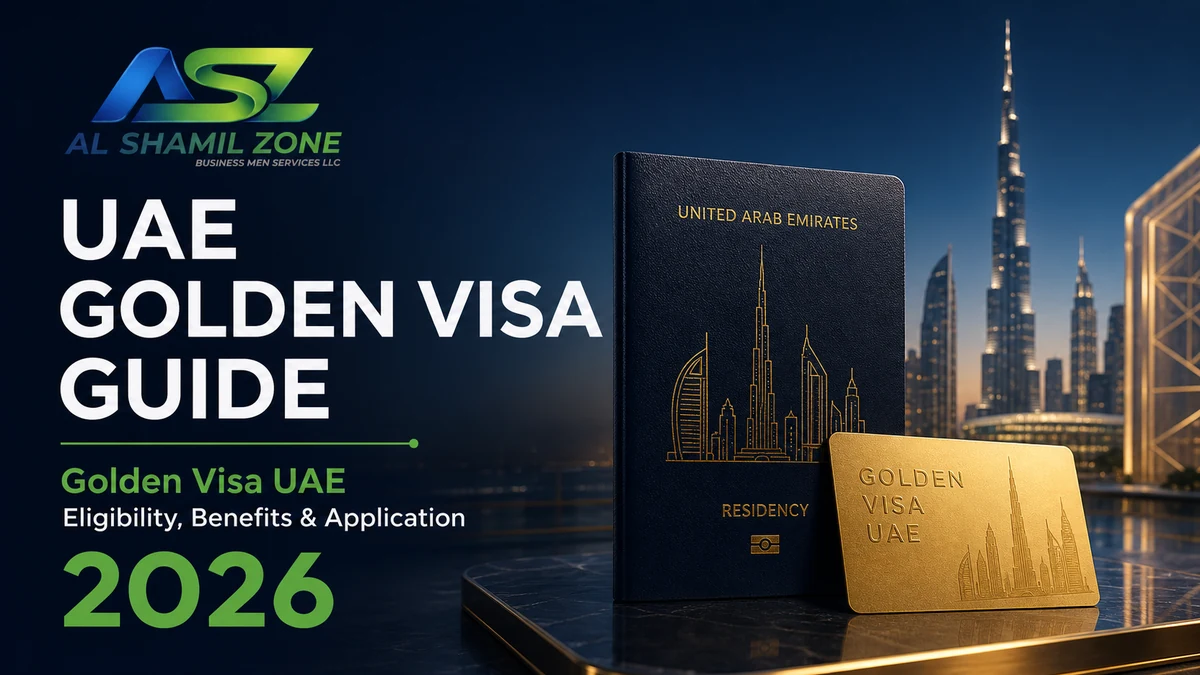 UAE Golden Visa guide with Dubai skyline and long-term residency documents