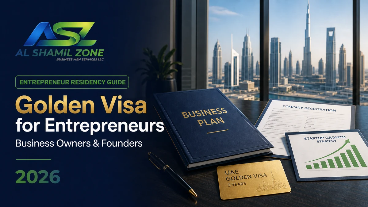 Golden Visa entrepreneur guide with a business plan, company documents and Dubai skyline
