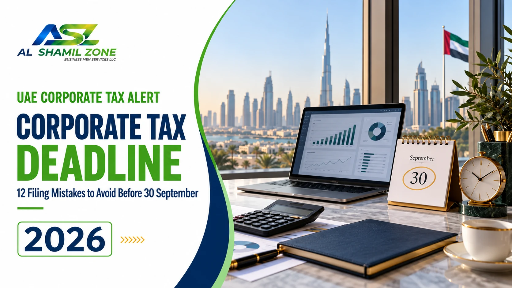 UAE Corporate Tax records, calculator and calendar marking 30 September