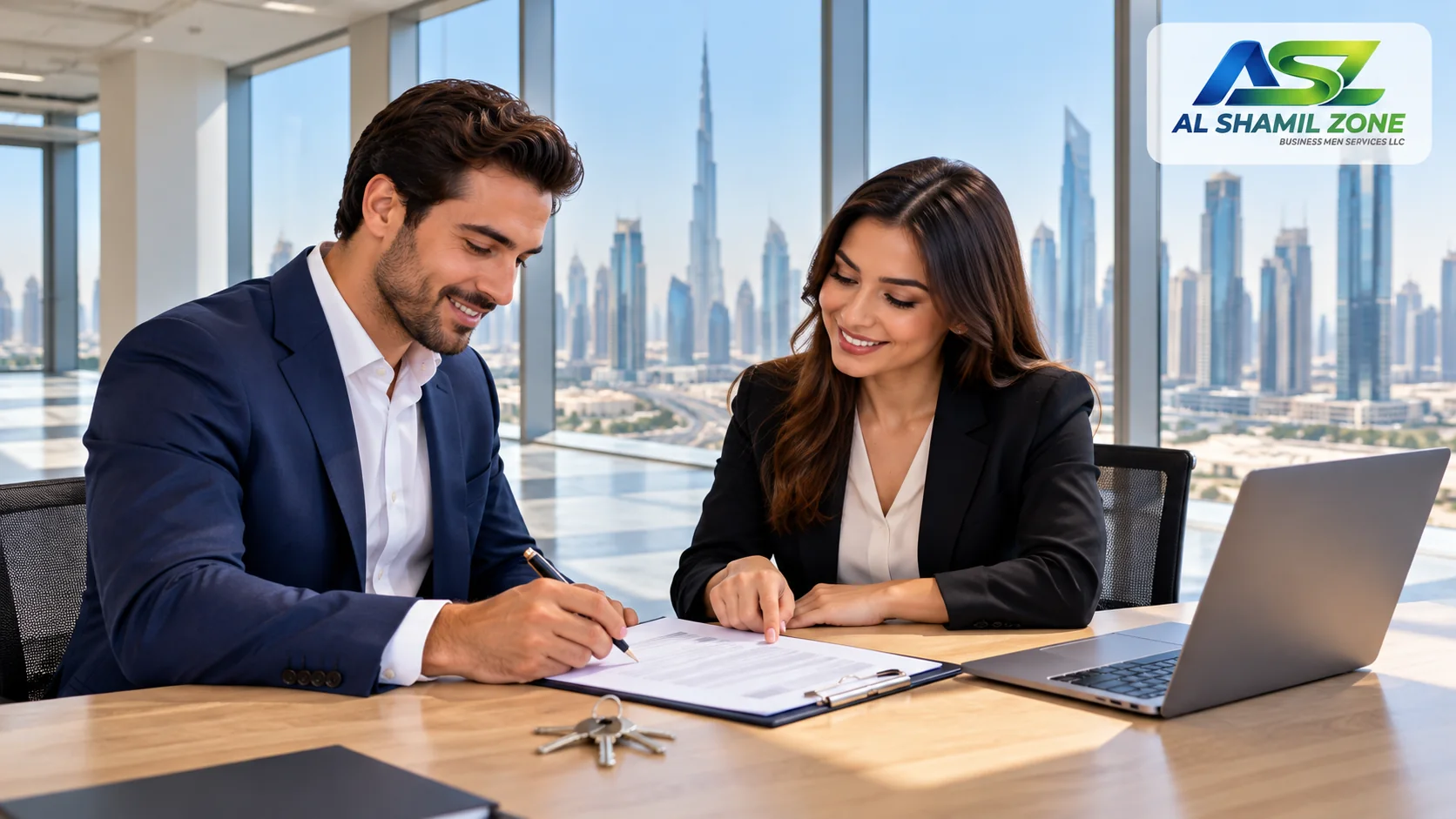 Dubai business founder and property representative reviewing an office lease, with a small Al Shamil Zone logo in the upper-right corner