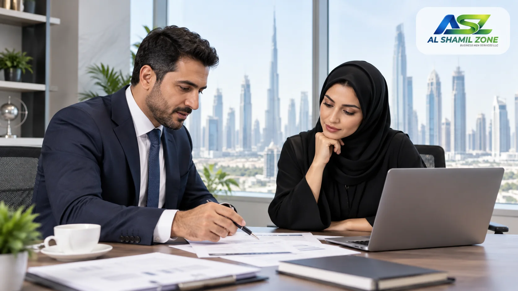 Dubai business advisers reviewing licence-change paperwork with a small Al Shamil Zone logo in the top-right corner
