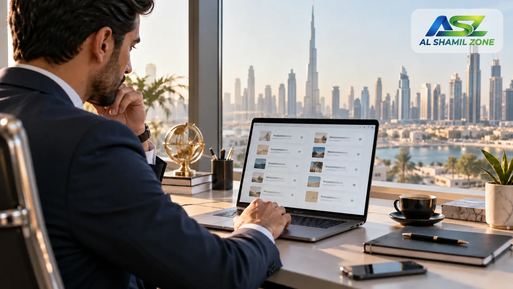 Entrepreneur reviewing business-name options at a desk overlooking Dubai, with a small Al Shamil Zone logo in the upper-right corner