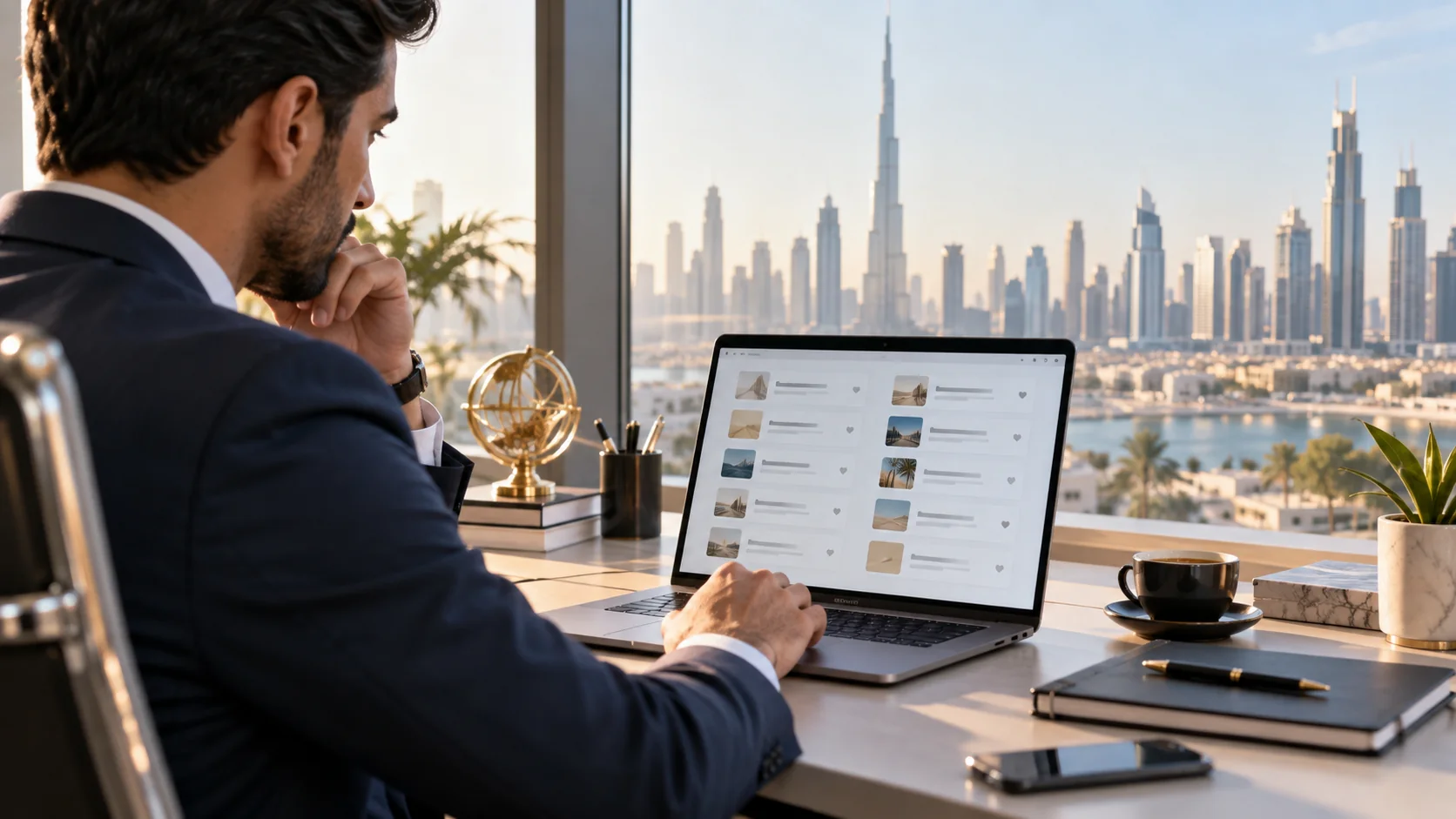 Entrepreneur reviewing business-name options at a desk overlooking Dubai