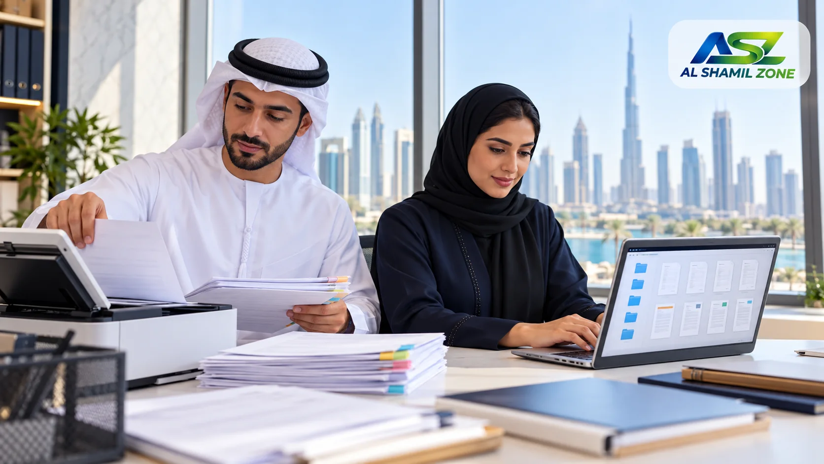 Finance professionals reviewing paper and digital records in a Dubai office, with a small Al Shamil Zone logo in the top-right corner