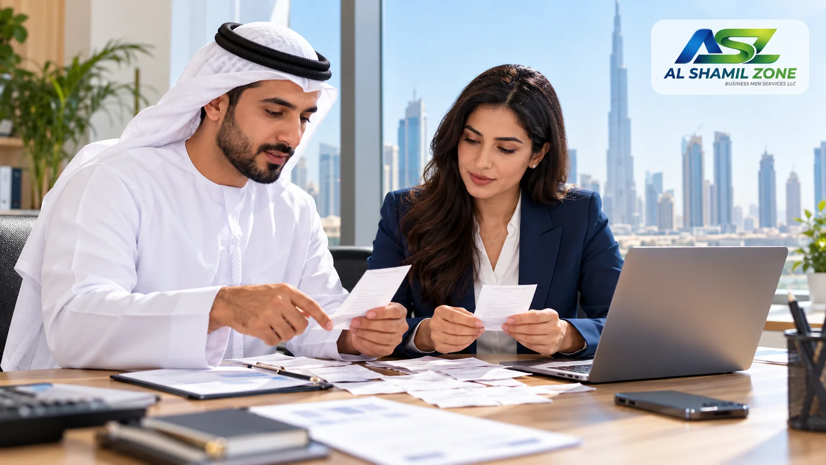 Business accountant and manager reviewing employee expense receipts in Dubai, with a small Al Shamil Zone logo in the upper-right corner