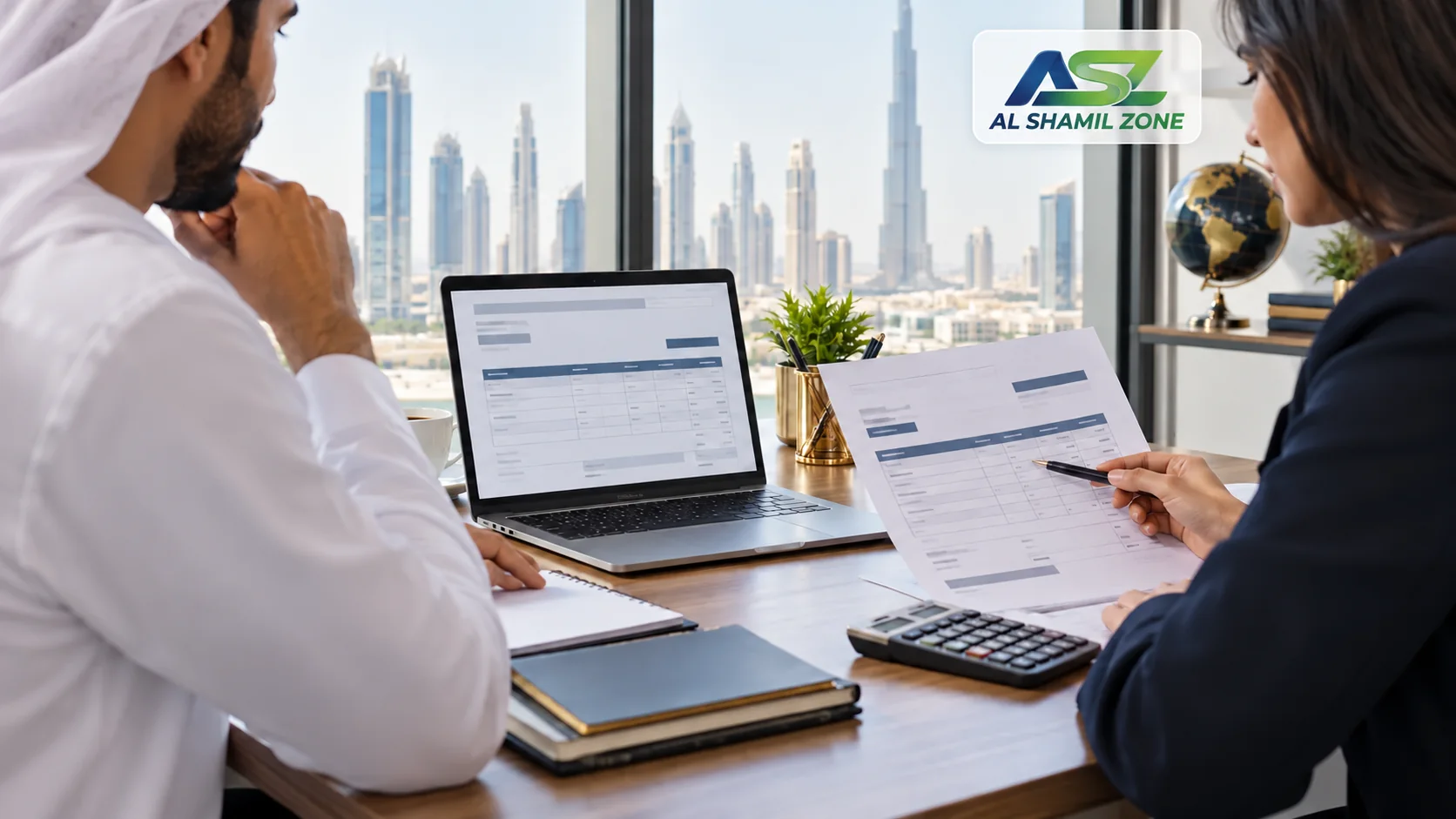 Business owner and accountant reviewing an invoice in a Dubai office, with a small Al Shamil Zone logo in the upper-right corner